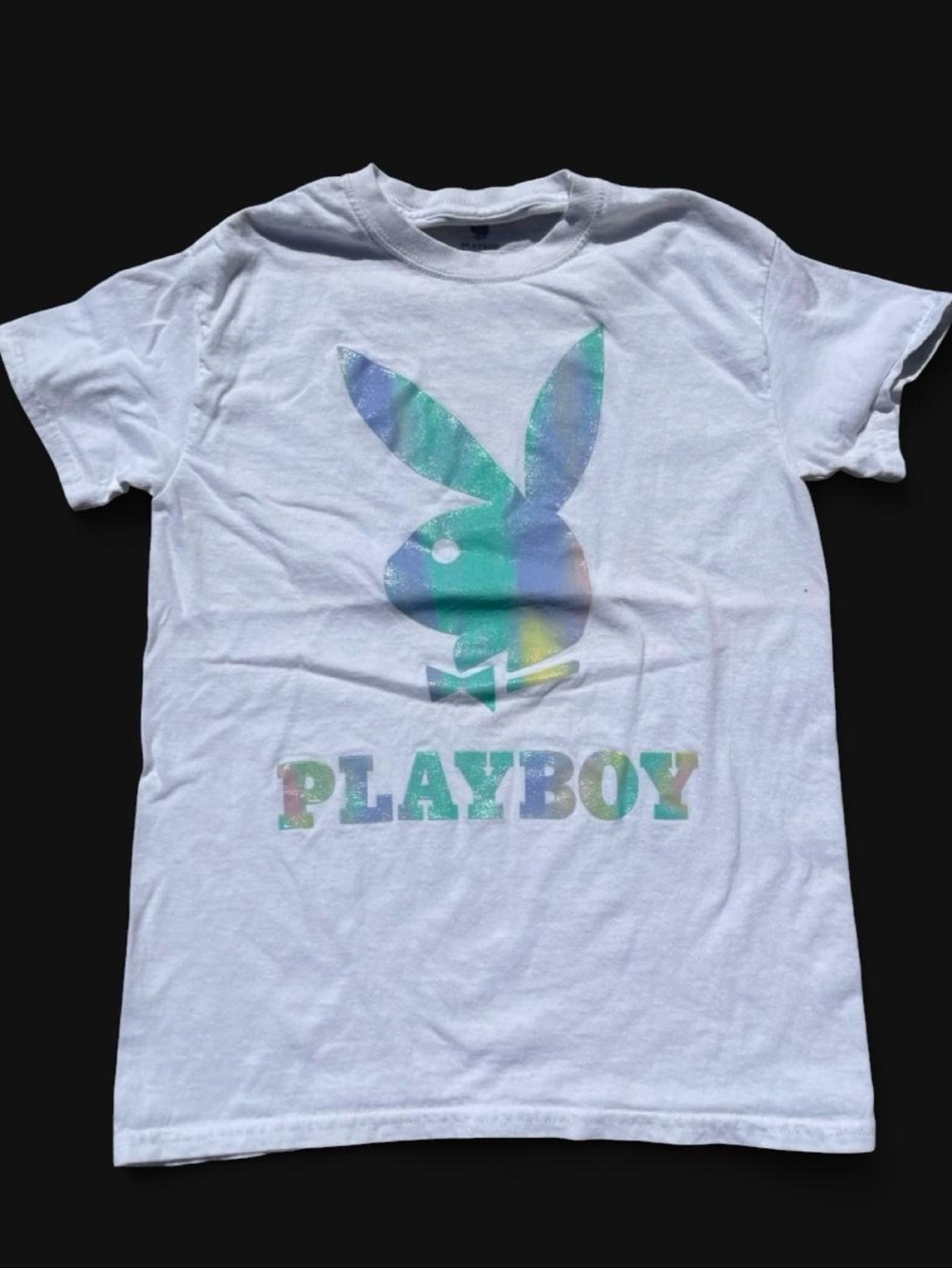 PLAYBOY White Short Sleeve Tee with Iridescent Bunny Logo
